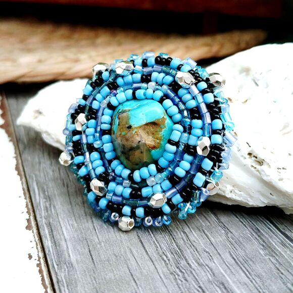 Turquoise Gemstone Beaded Embroidery Brooch, Beaded Accessories, 1.75" - Picture 6 of 6